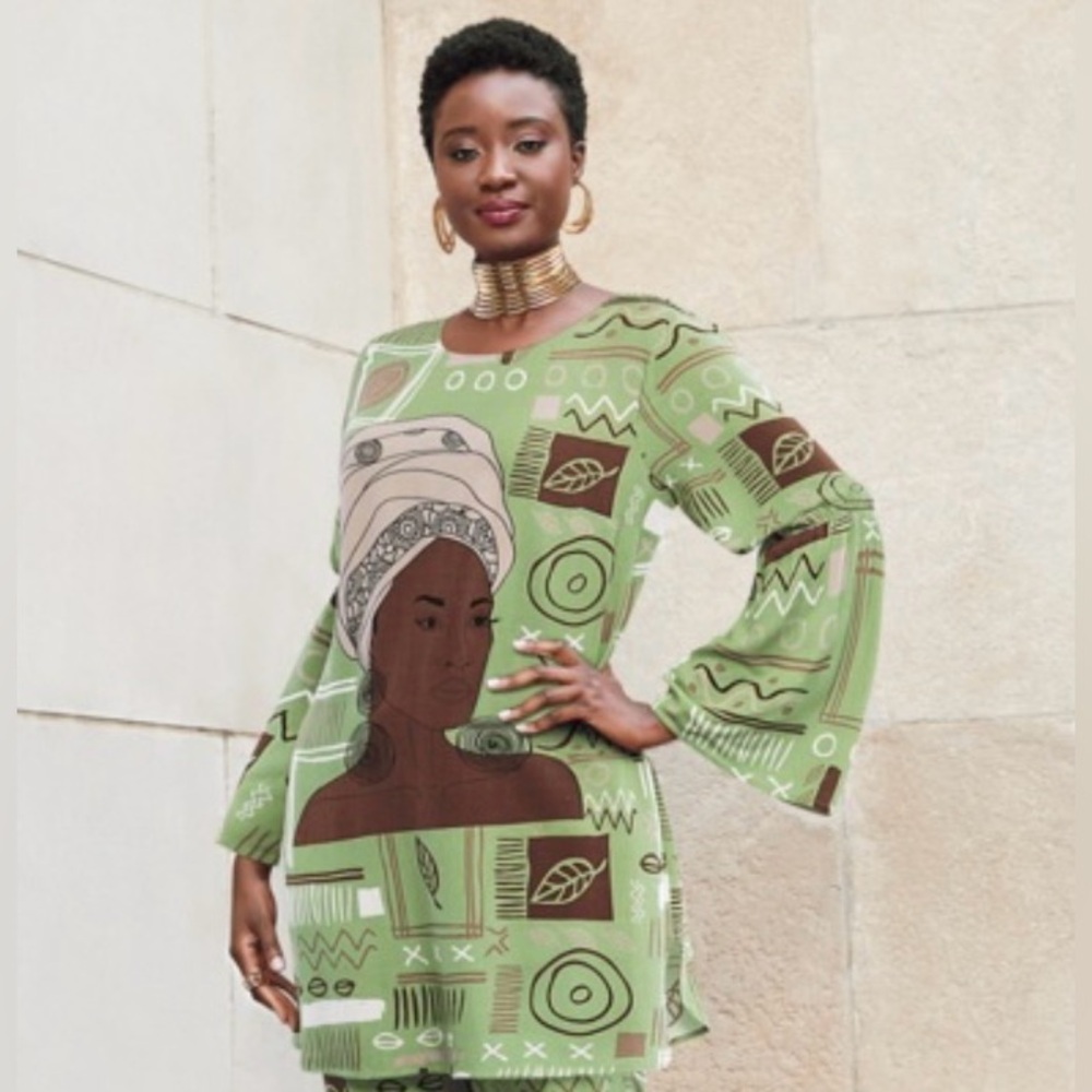 Ashro Green and Brown Bell Sleeve Dress/Shirt‎ Size 3X
